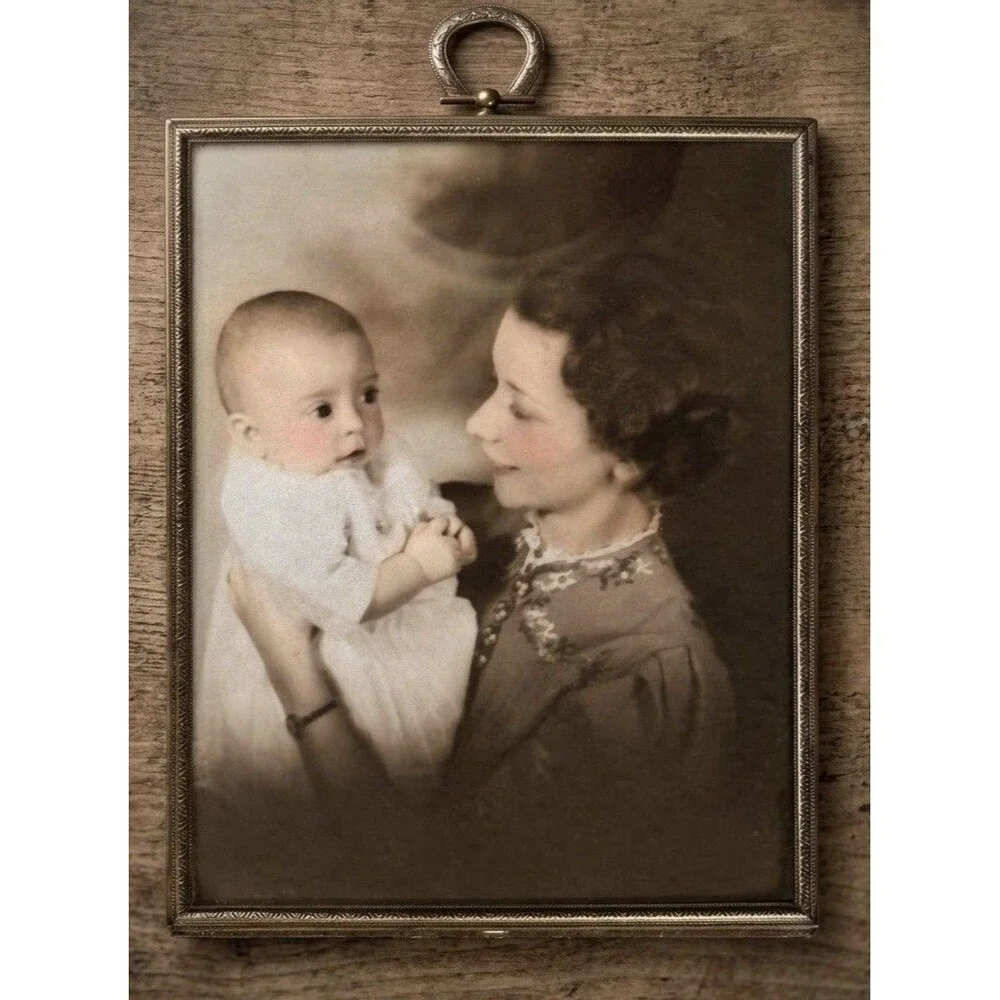 VTG 30s Brass Photo Frame Mother and Child Ornate Embossed Velvet Back Italian